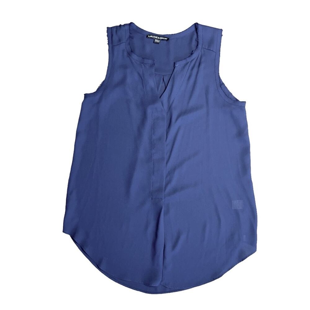 HARLOWE & GRAHAM Blue Sleeveless Raw Hem Semi Sheer Tank Top Blouse Womens Small